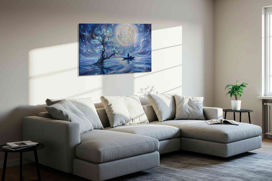 Lunar Serenity Voyage fantasy canvas print in a living room scene