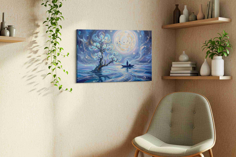 Lunar Serenity Voyage fantasy canvas print, displayed in a living room