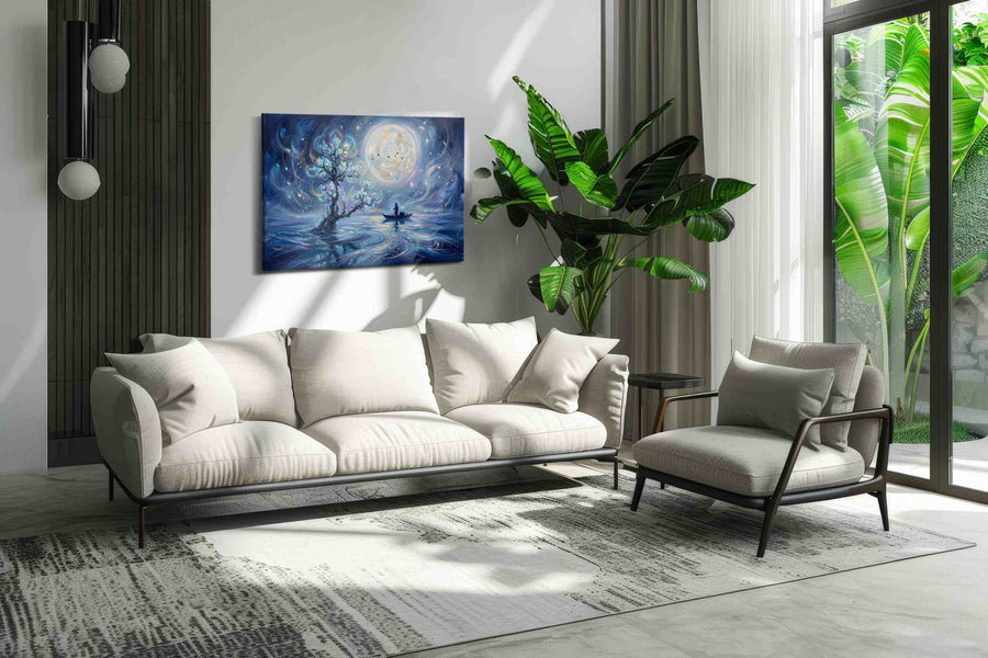 Lunar Serenity Voyage fantasy canvas print, on wall, lifestyle preview