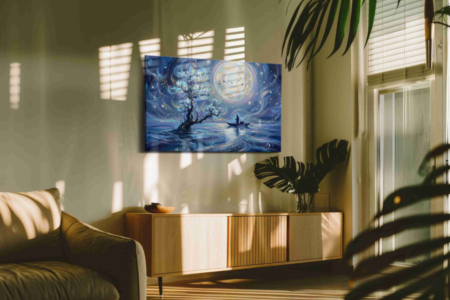 Lunar Serenity Voyage fantasy canvas print in a contemporary interior mockup