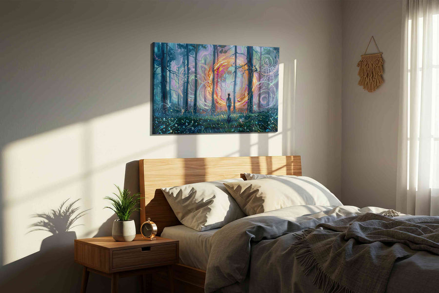 Portal of the Enchanted Forest fantasy canvas print, displayed in a bedroom