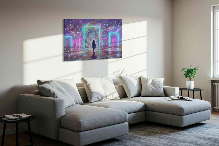 Portal to the Cosmic Dream fantasy canvas print styled in a living room