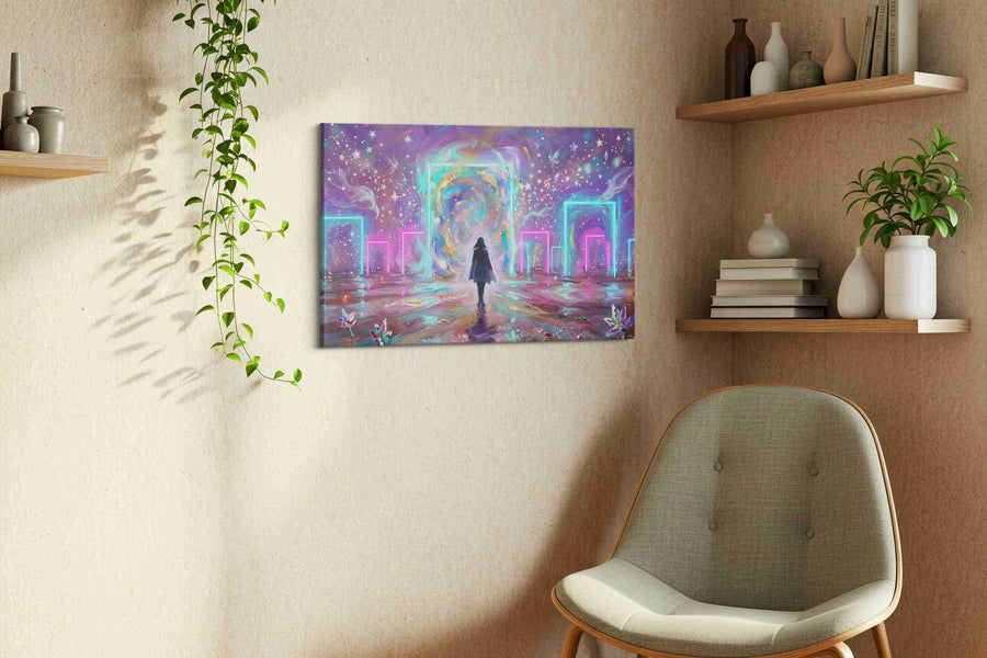 Portal to the Cosmic Dream fantasy canvas print, displayed in a living room