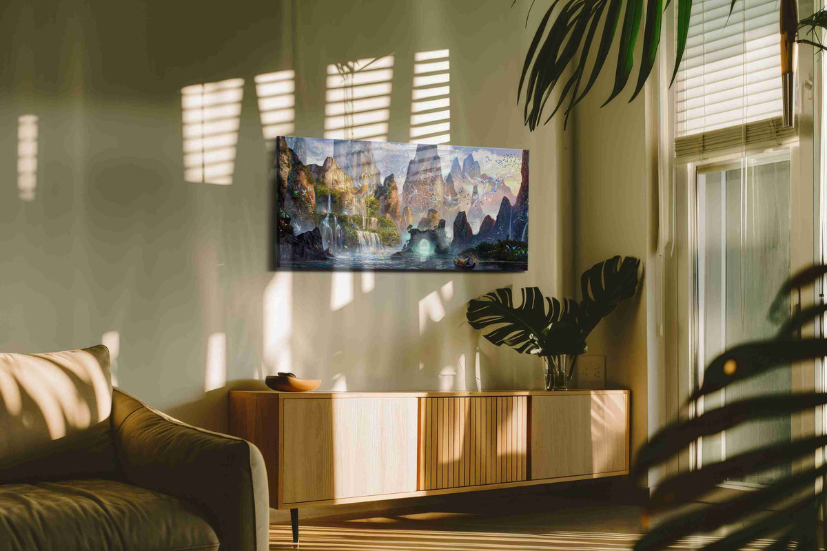 Whispers of the Enchanted Valley fantasy canvas print, displayed in a living room