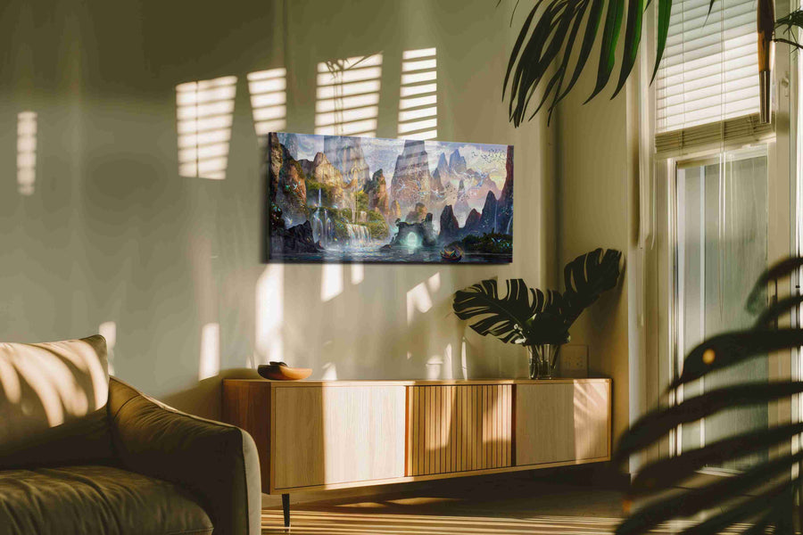 Whispers of the Enchanted Valley fantasy canvas print, displayed in a living room