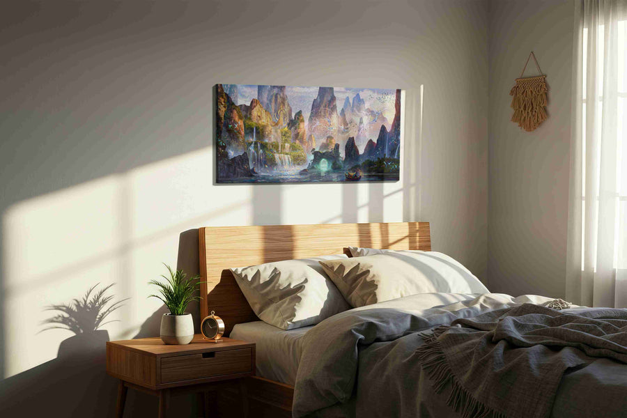 Whispers of the Enchanted Valley fantasy canvas print, displayed in a bedroom