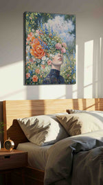 Blossoms of the Mind floral canvas print, displayed in a bedroom
