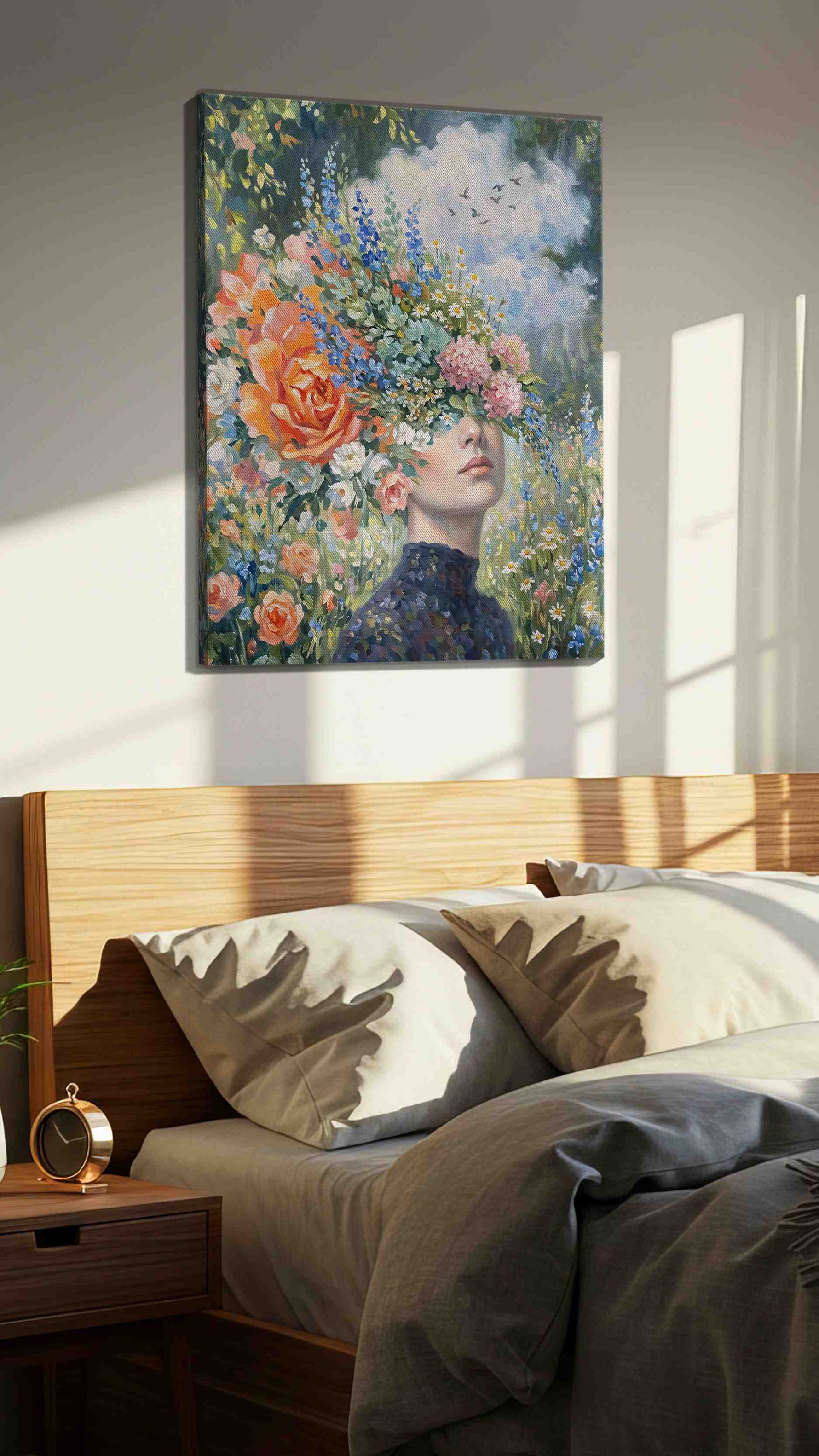 Blossoms of the Mind floral canvas print, displayed in a bedroom