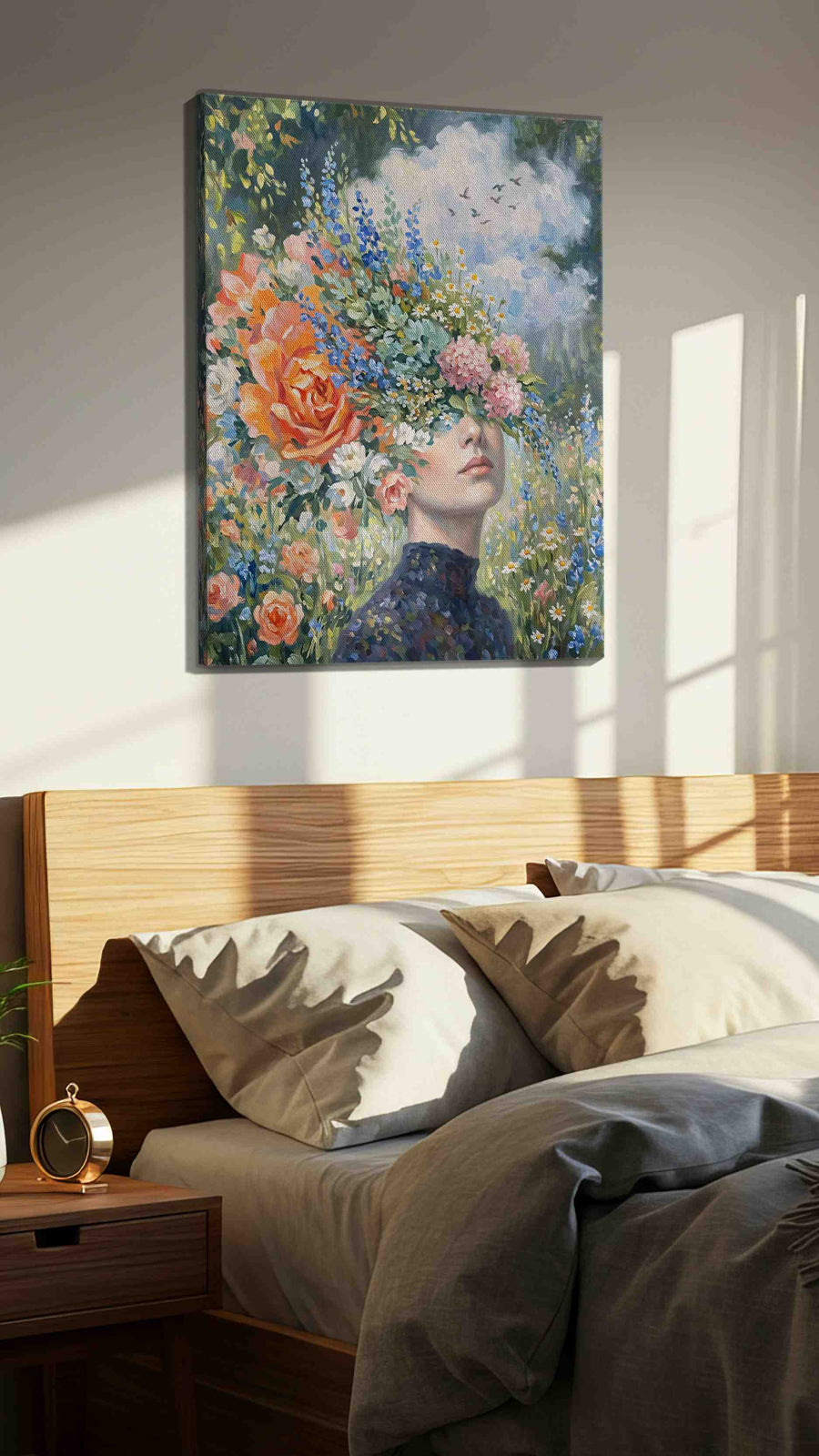 Blossoms of the Mind floral canvas print, displayed in a bedroom