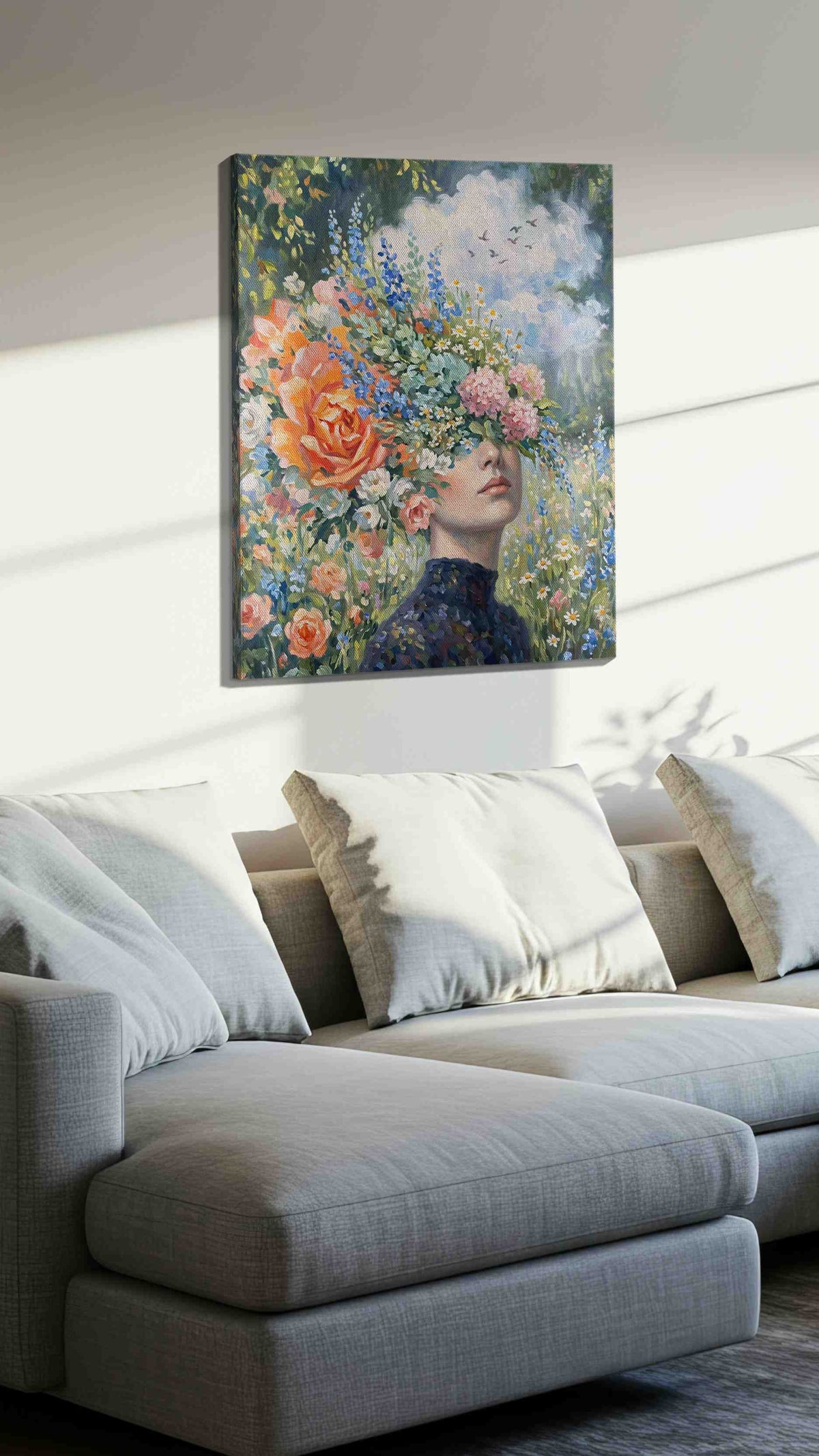 Blossoms of the Mind floral canvas print, displayed in a living room