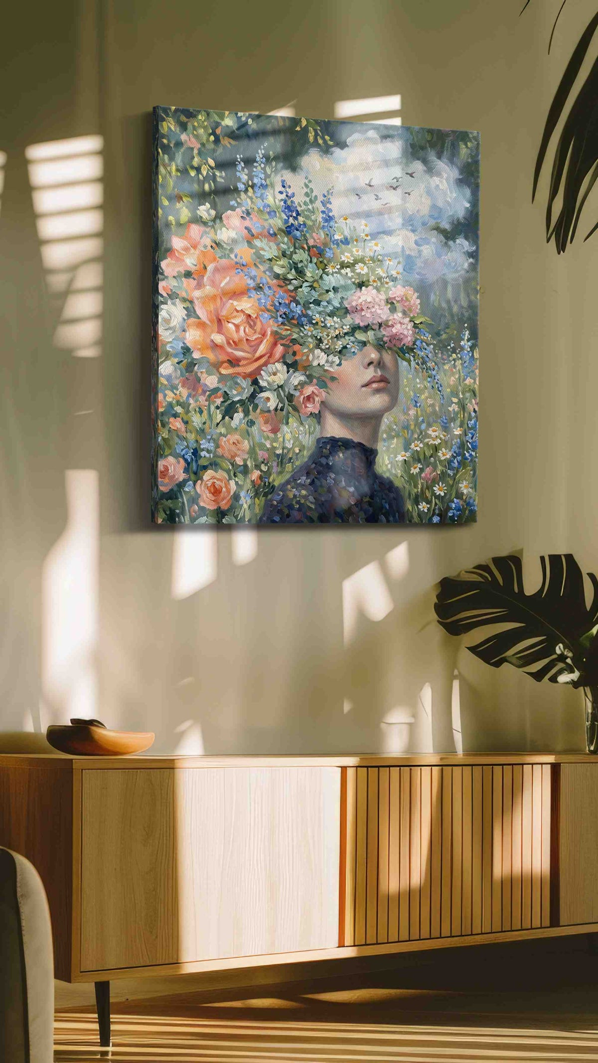 Blossoms of the Mind floral canvas print, on wall, lifestyle preview