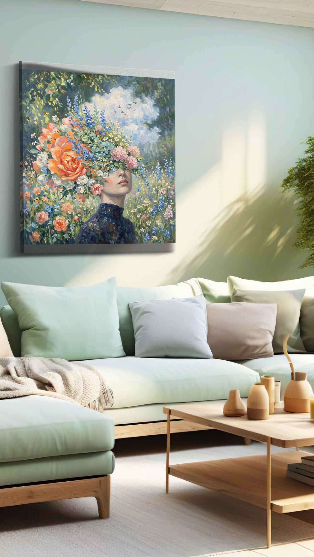 Blossoms of the Mind floral canvas print, hanging on wall