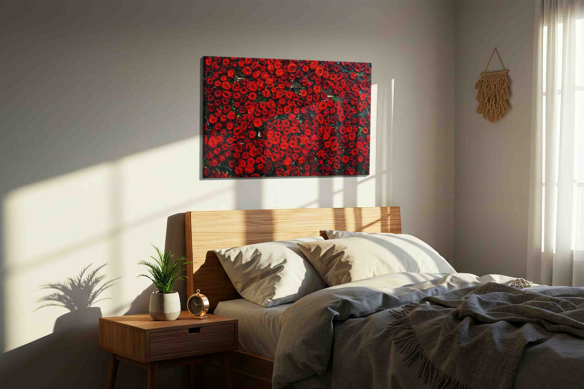 Crimson Symphony floral canvas print, displayed in a bedroom