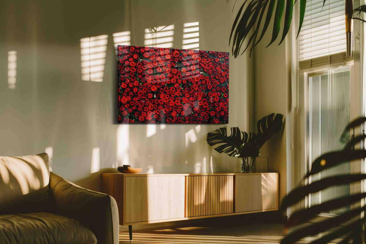 Crimson Symphony floral canvas print in a contemporary interior mockup