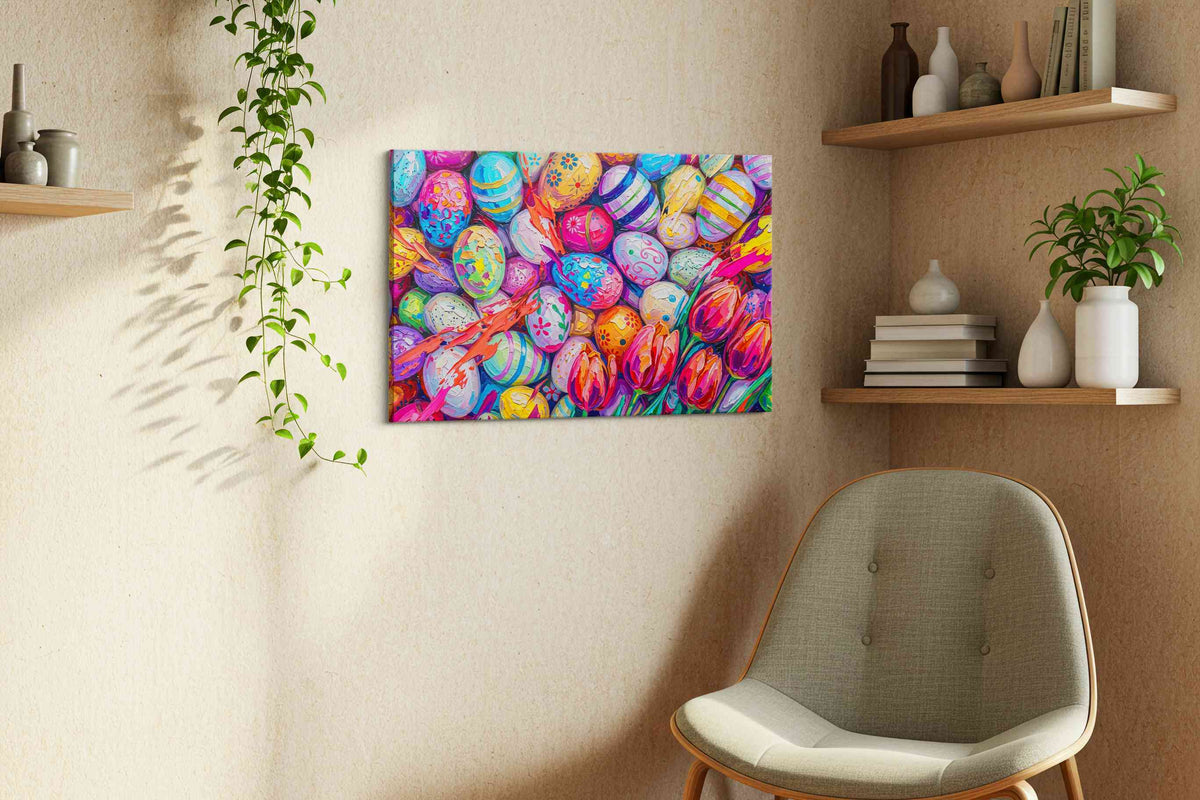 Easter Whirl and Bloom floral canvas print styled in a living room