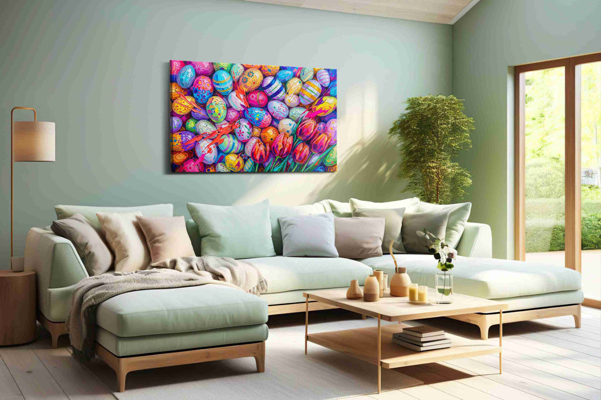 Easter Whirl and Bloom floral canvas print, hanging on wall
