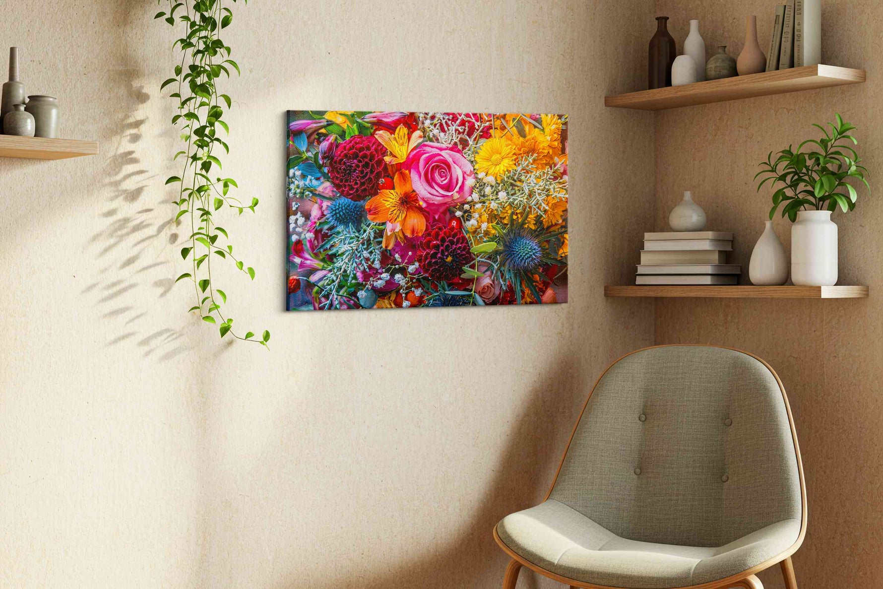 Eternal Blossom Symphony floral canvas print styled in a living room