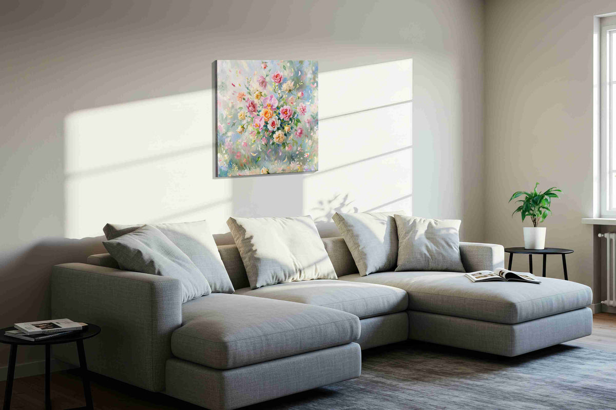 Ethereal Garden Symphony floral canvas print, displayed in a living room