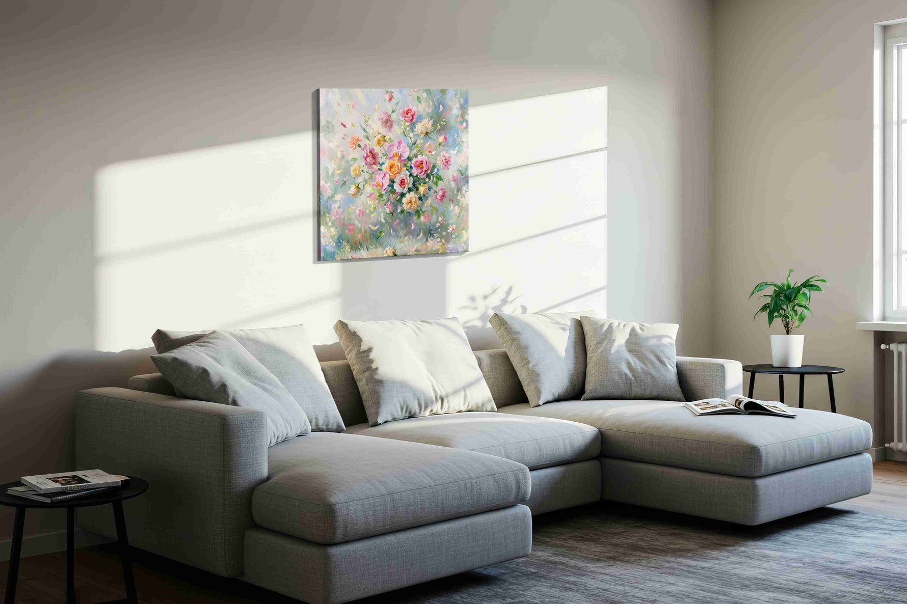 Ethereal Garden Symphony floral canvas print, displayed in a living room