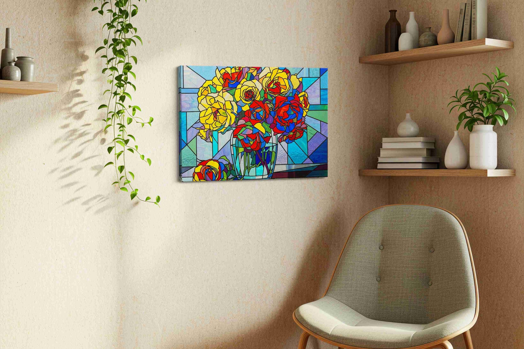 Kaleidoscope Blooms floral canvas print, displayed in a living room
