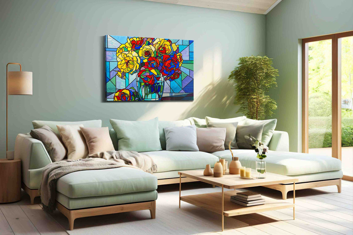 Kaleidoscope Blooms floral canvas print, hanging on wall