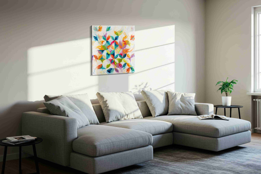 Whimsical Garden Symphony geometric canvas print in a living room scene