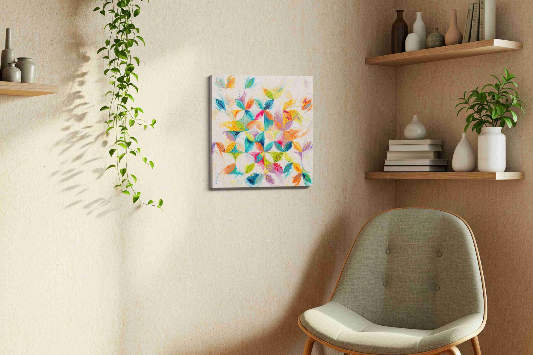 Whimsical Garden Symphony geometric canvas print, displayed in a living room