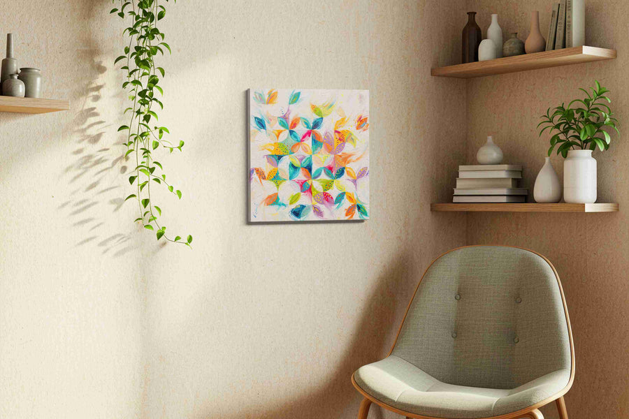 Whimsical Garden Symphony geometric canvas print, displayed in a living room