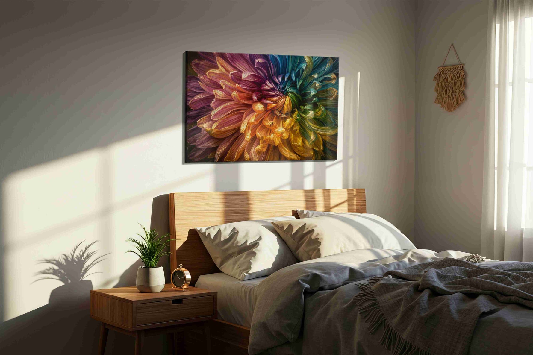 Whispers of a Rainbow Blossom floral canvas print, displayed in a bedroom