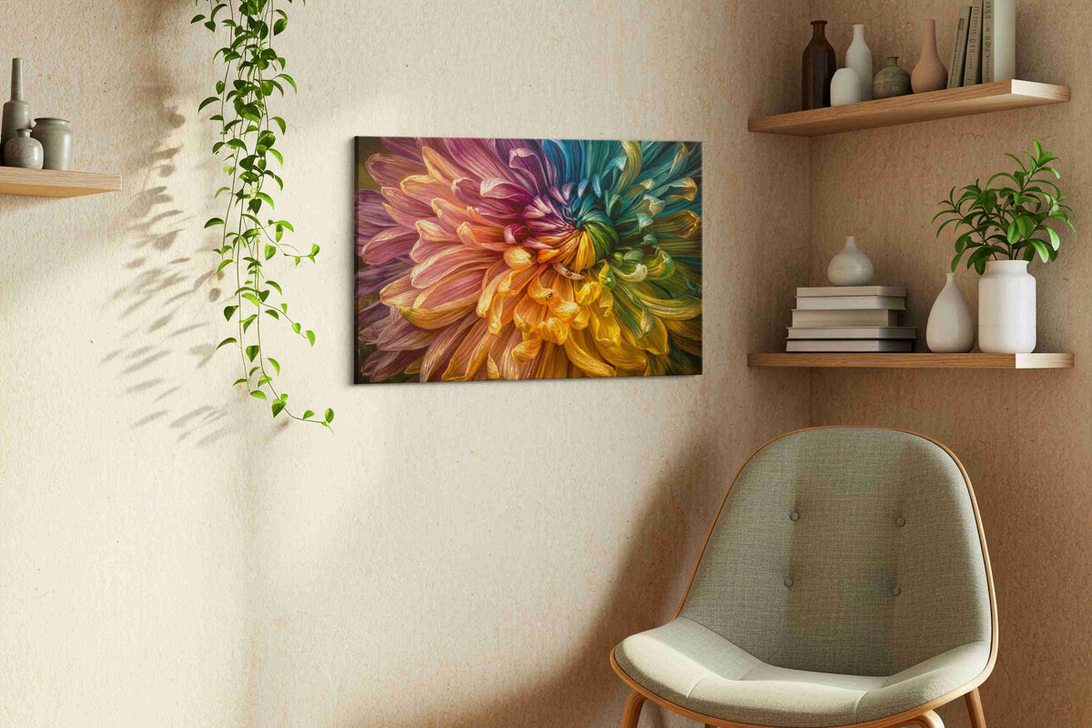 Whispers of a Rainbow Blossom floral canvas print, hanging on wall — view 2
