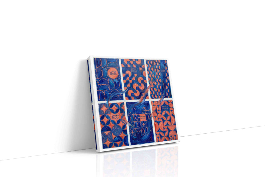 Geometric Symphony in Blue and Coral geometric canvas print gallery-wrapped square canvas studio shot