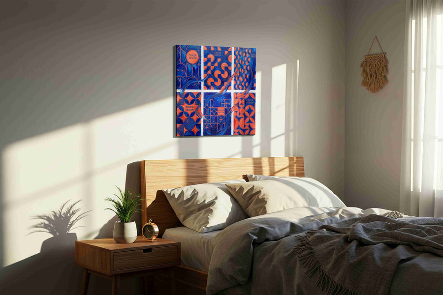 Geometric Symphony in Blue and Coral geometric canvas print, gallery-wrapped, ready to hang — view 3