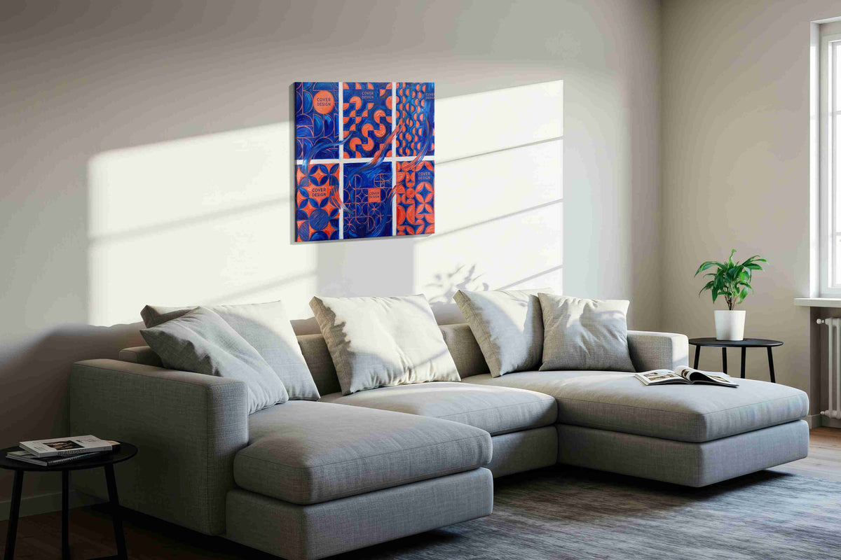 Geometric Symphony in Blue and Coral geometric canvas print, gallery-wrapped, ready to hang — view 4