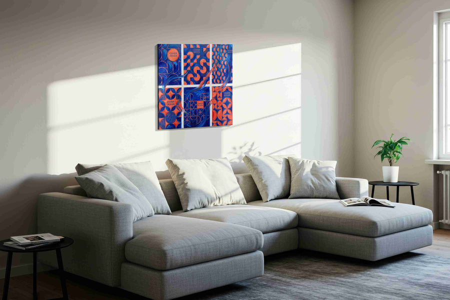 Geometric Symphony in Blue and Coral geometric canvas print, gallery-wrapped, ready to hang — view 4