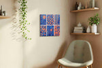 Geometric Symphony in Blue and Coral geometric canvas print, hanging on wall
