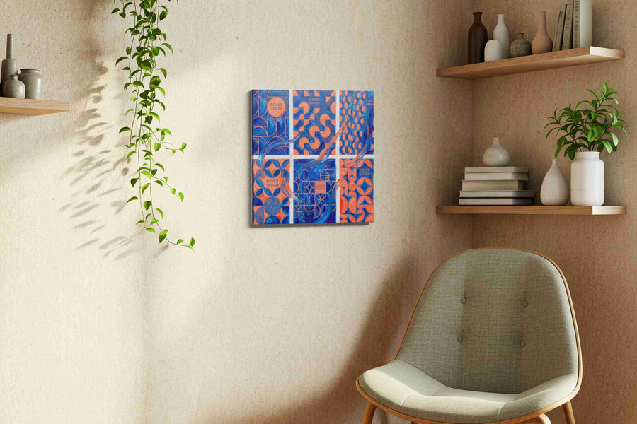 Geometric Symphony in Blue and Coral geometric canvas print, hanging on wall
