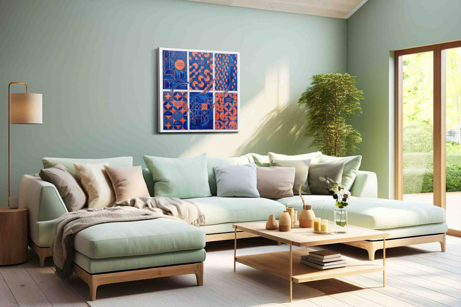 Geometric Symphony in Blue and Coral - Geometric Wall Art, Abstract Canvas Print, Modern Decor