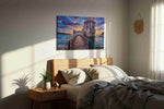 Twilight at the Castle Tower landmarks canvas print, displayed in a bedroom