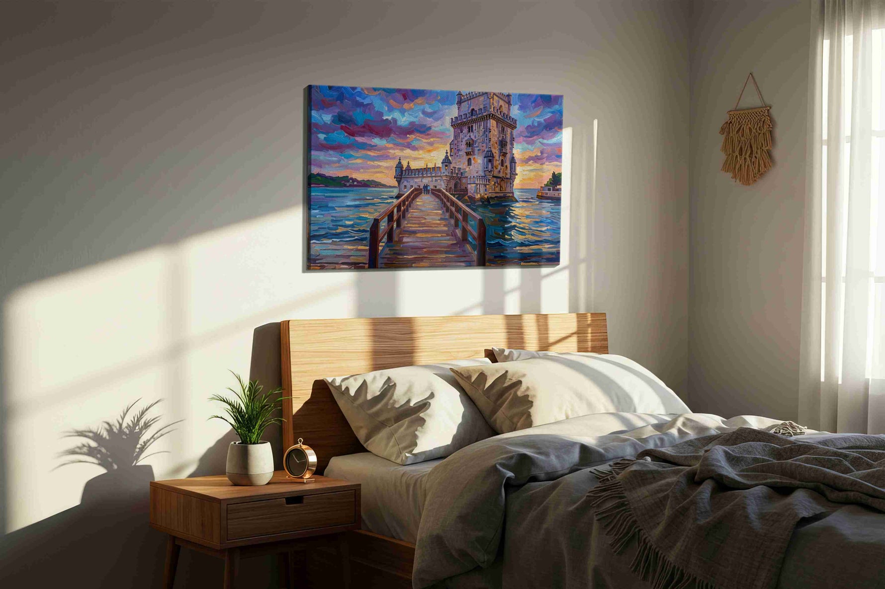 Twilight at the Castle Tower landmarks canvas print, displayed in a bedroom