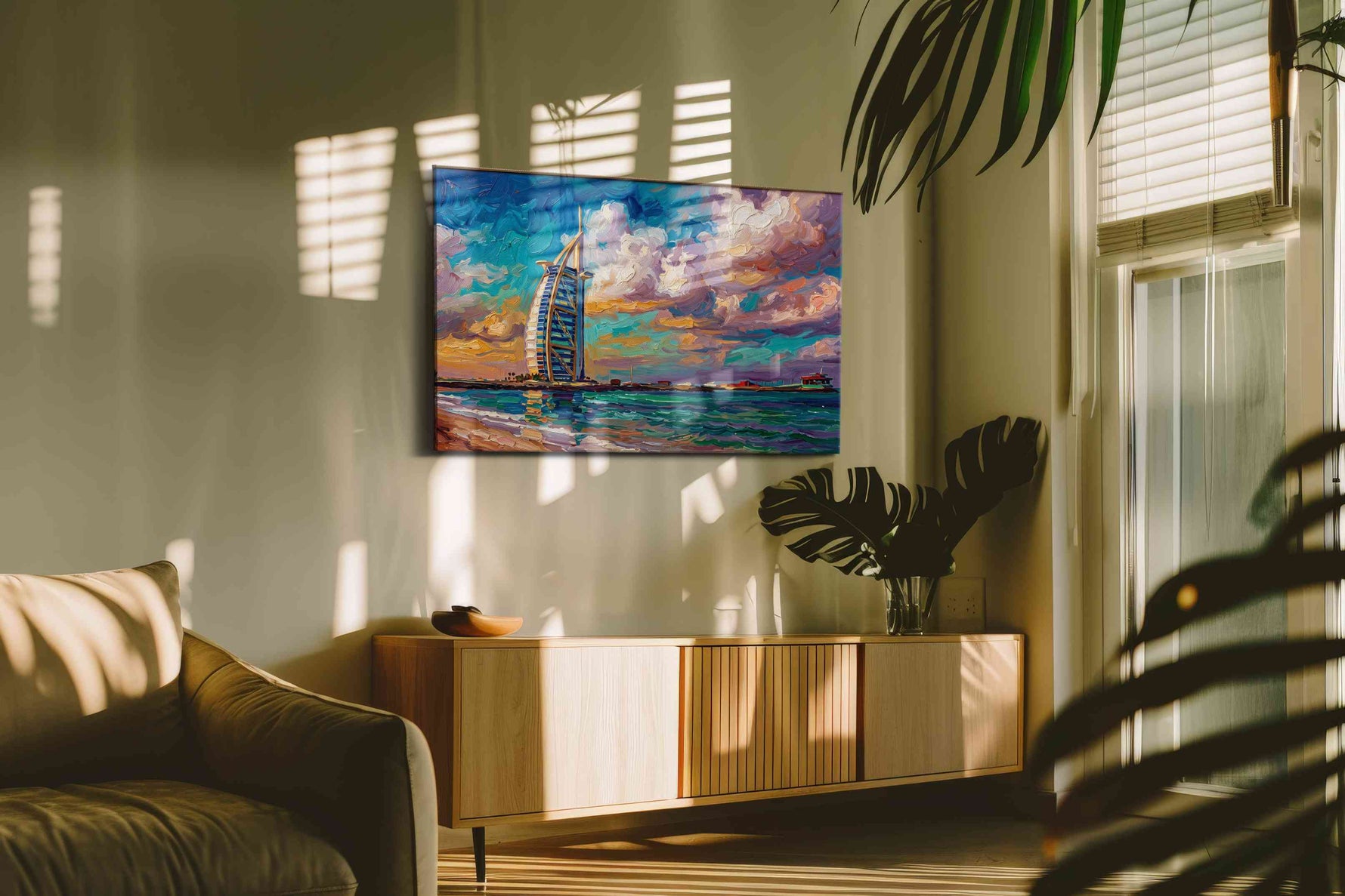 Vibrant Shores of Modern Majesty landmarks canvas print, displayed in a living room