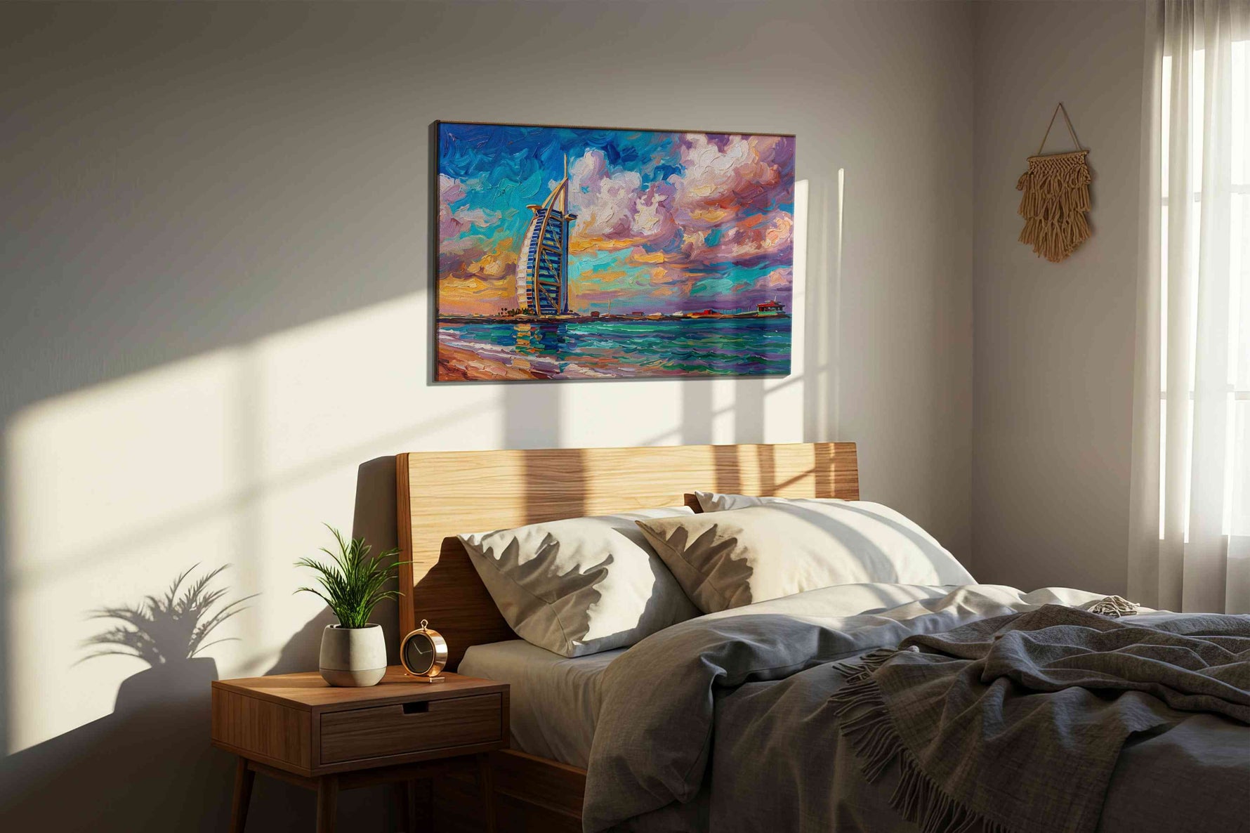 Vibrant Shores of Modern Majesty landmarks canvas print, displayed in a bedroom