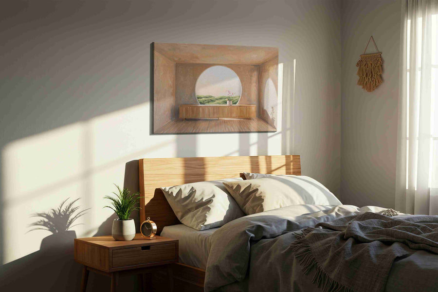 Ethereal Horizon Room minimalist canvas print, displayed in a bedroom