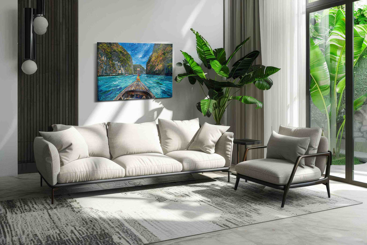 Journey Through Tranquil Waters beach canvas print in a hung canvas mockup