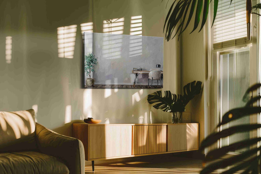 Serene Workspace Harmony minimalist canvas print in a hung canvas mockup