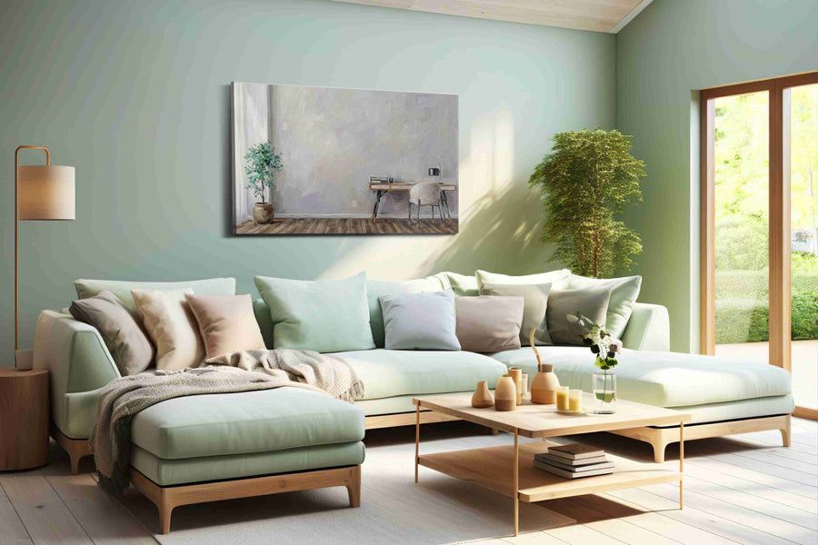 Serene Workspace Harmony minimalist canvas print, hanging on wall