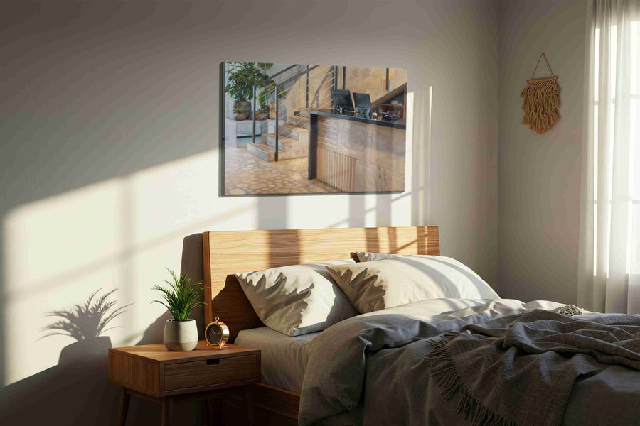 Modern Atrium Serenity minimalist canvas print, displayed in a bedroom