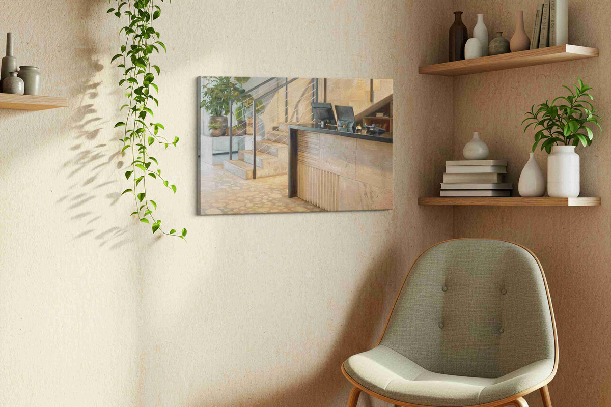 Modern Atrium Serenity minimalist canvas print, displayed in a living room