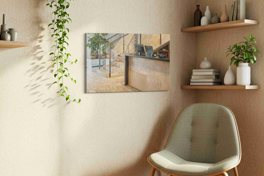 Modern Atrium Serenity minimalist canvas print, displayed in a living room