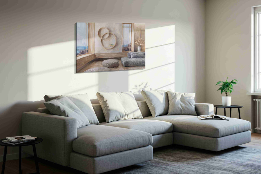 Serene Coastal Sanctuary minimalist canvas print in a living room scene