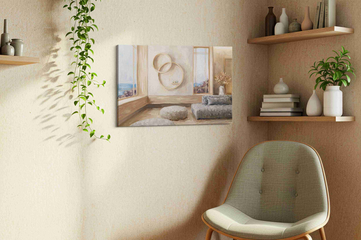 Serene Coastal Sanctuary minimalist canvas print, displayed in a living room